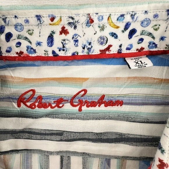 Robert Graham Mens Button Up Shirt XL Flip Cuff Striped Blue White Long Sleeves - Picture 9 of 15